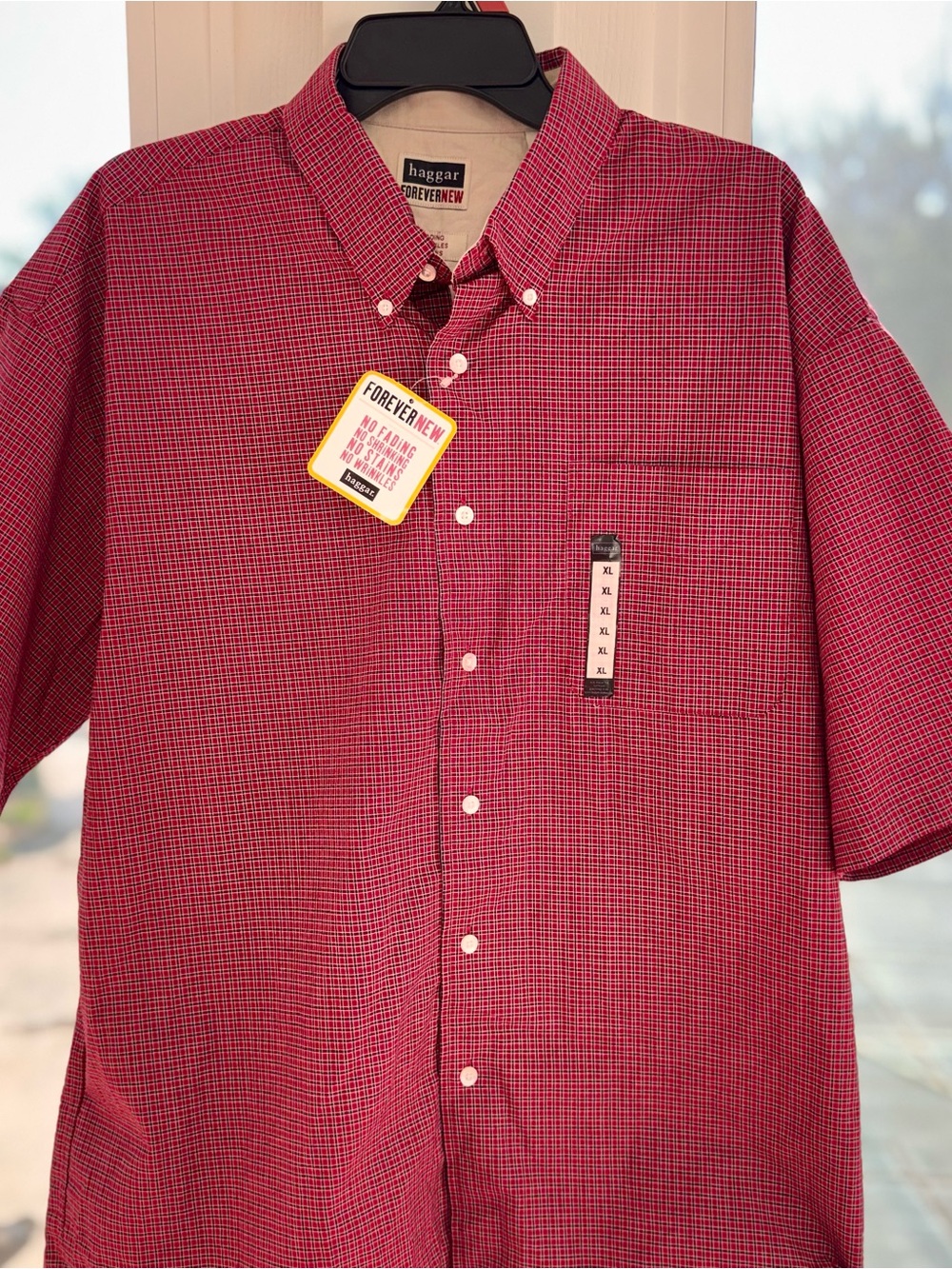 Haggar ForeverNew Mens XL Red Plaid Button Down Shirt NWT Wrinkle Resistant SS - Picture 6 of 9